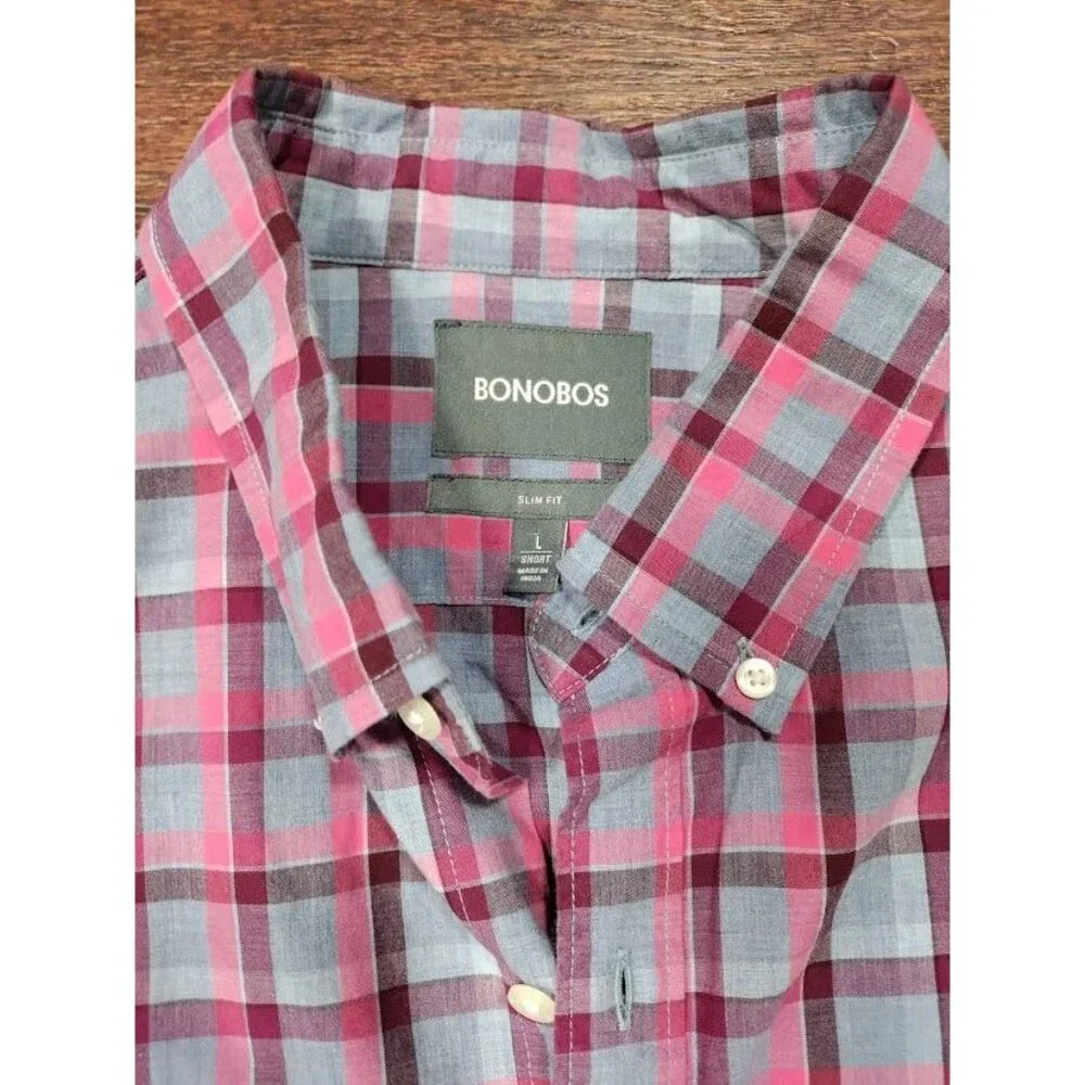 Bonobos Plaid Slim Fit Long Sleeve Button Down Shirt Blue/Pink Men's L Short - Picture 4 of 10